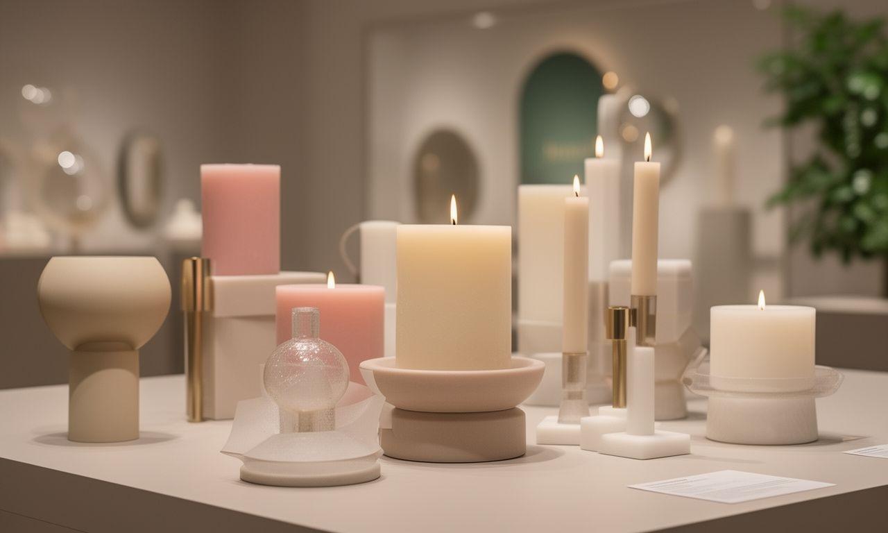 Sorgfältig arrangierte dekorative Kerzen und moderne Kerzenhalter auf einem hellen Tisch in einem eleganten Showroom
