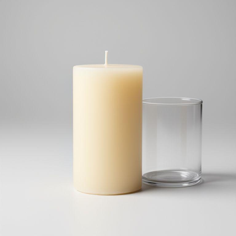 Elfenbeinfarbene Stumpenkerze neben einem schlichten Glaszylinder auf einem hellen Studiohintergrund