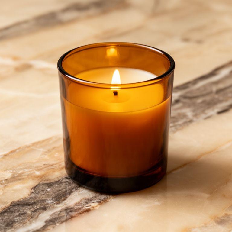 Duftkerze in einem bernsteinfarbenen Glas mit warmem Licht auf einem marmorierten Untergrund