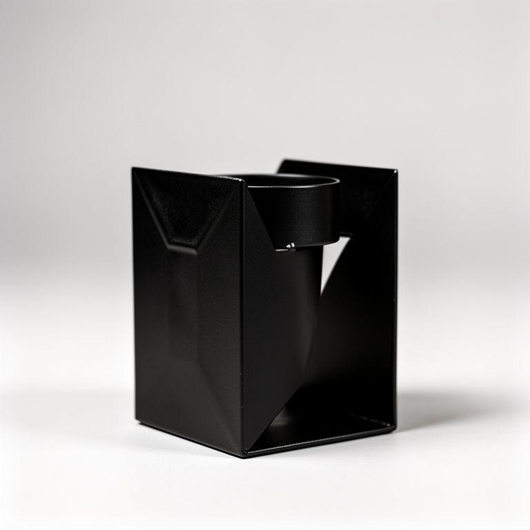 Schwarzer Metall-Kerzenhalter mit geometrischer Silhouette in einem hellen Showroom