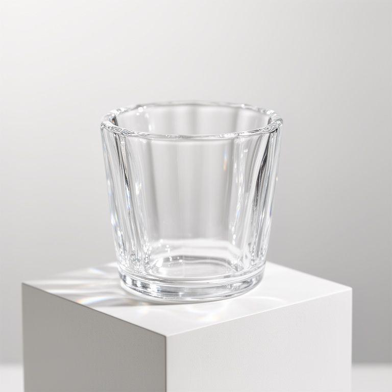 Transparenter Glas-Kerzenhalter mit feinen Lichtreflexen auf einem weissen Sockel