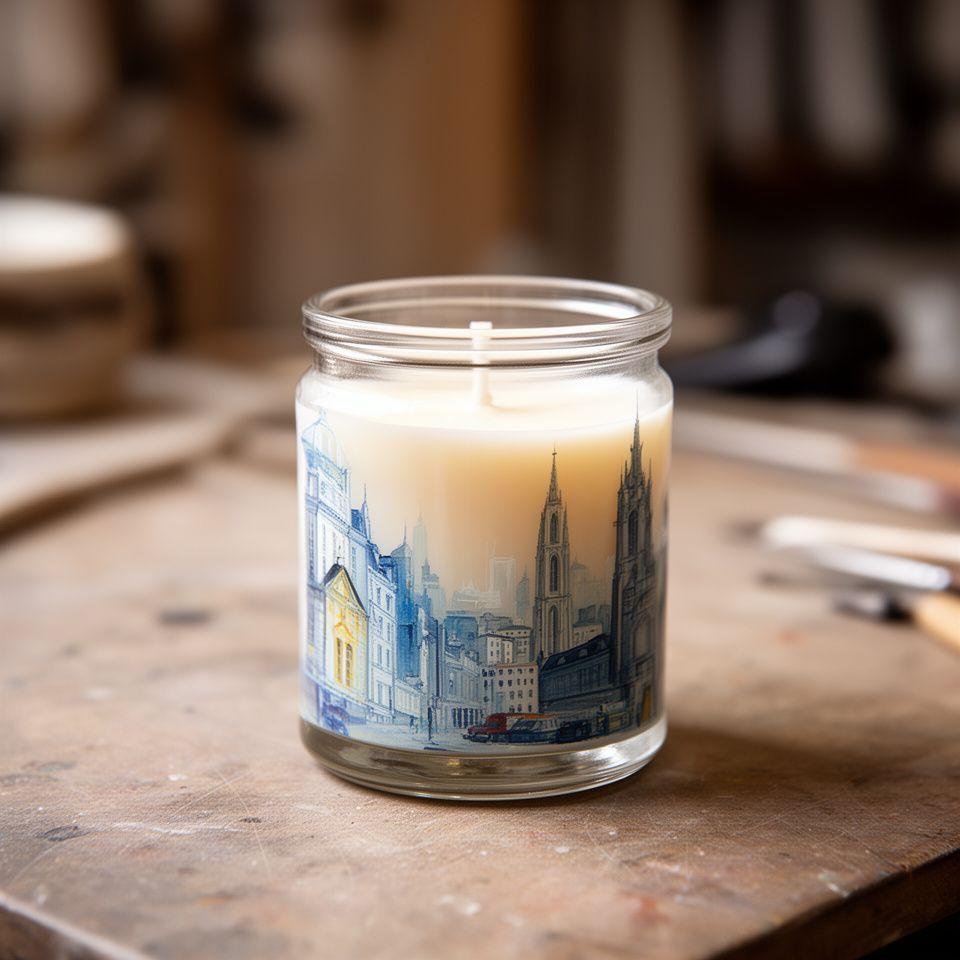 Handbemalte Duftkerze im Glas mit zarten Stadtfarben auf einem Atelierarbeitstisch in Zürich